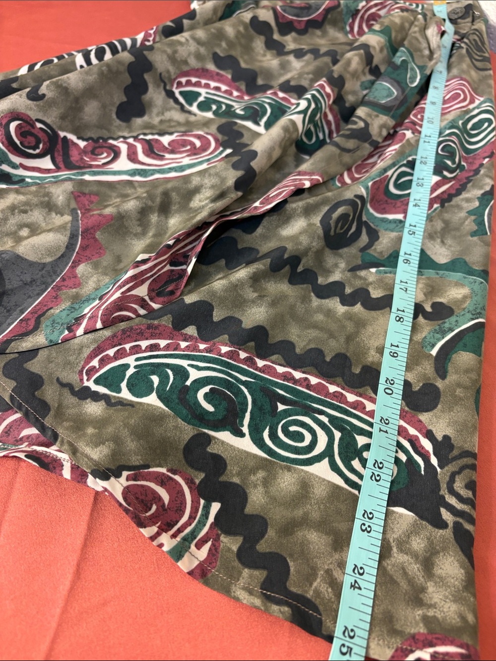 Vintage Jaeger - Printed Olive Wrap Green Midi Skirt with Abstract - Picture 6 of 8